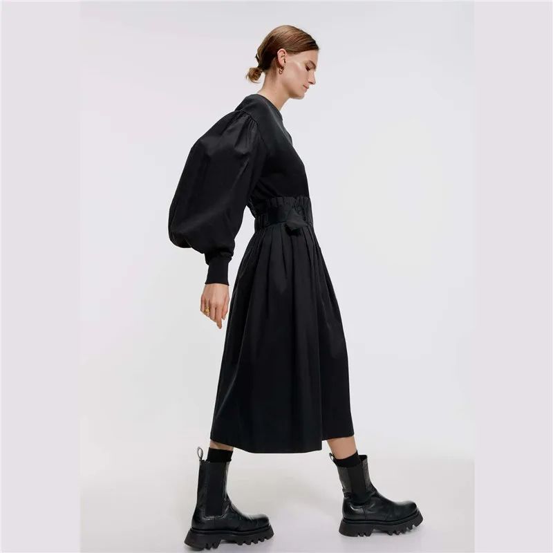 Ladyfirsy черный ZA оснастки юбки корейский личности размера плюс консервативный стиль плиссированные талии с поясом Женская юбка