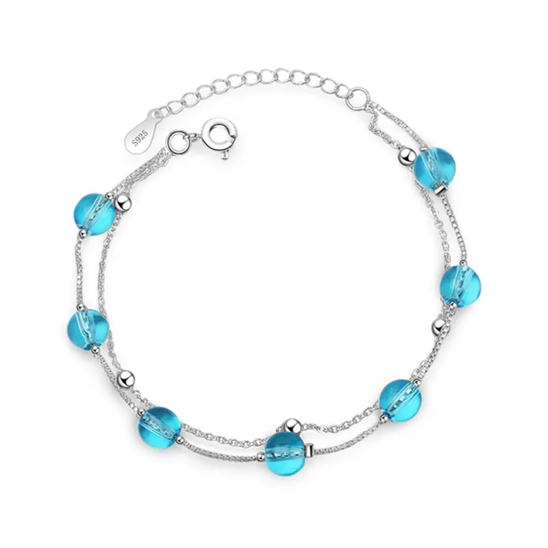 Богемные синие хрустальные бусины, браслет для женщин, вечерние, настоящее 925 пробы, серебряные, Двойная Цепочка, аксессуары, хорошее ювелирное изделие, подарок