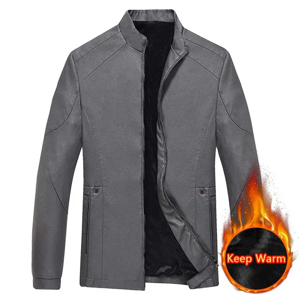 Мужская Зимняя Повседневная однотонная куртка на молнии, пальто с длинным рукавом, топы, блузки, верхняя одежда из искусственной кожи, стоячий воротник, карманы на молнии