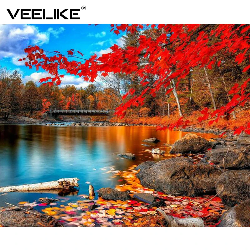

Poster Vintage Red Maple Leaf Landscape Painting by Numbers Wall Pictures for Living Room Hand-painted Wall Art Canvas Painting