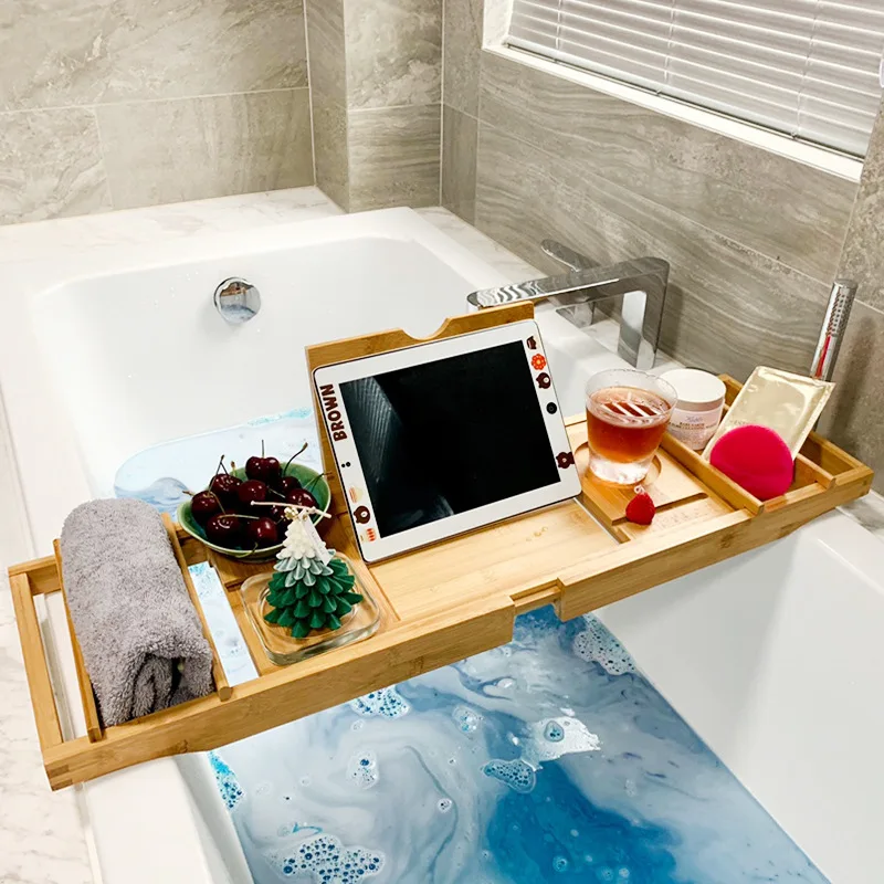 Bath Bar Storage Rack Multi-function Telescopic Toilet Flat-panel Phone Stand Bathroom Shower Stand Bamboo BathTub Sink Tray