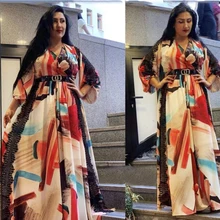

African Dashiki Print Maxi Dress For Women Lace Patchwork Chiffon Dresses Dubai Abaya Long Sleeve Evening Gown Hippie Clothes