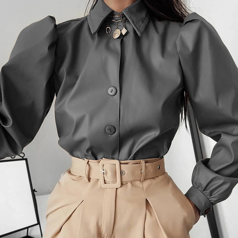 2010 Женская рубашка с длинным рукавом-фонариком и отложным воротником, на пуговицах, искусственная кожа, Осень-зима, Повседневная блузка, топы - Цвет: gray