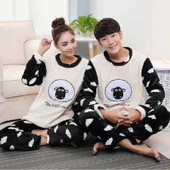 

Two Piece Set Korean Flannel Pajamas Winter Warm Couple Sleepwear Home Clothes Coral Fleece Thick Pyjamas Women Men Pijama Mujer