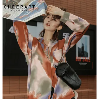 

CHEERART Tie Dye Oversized Shirt Streetwear Plus Size Long Sleeve Blouse 2020 Button Up Shirt Korean Women Clothing