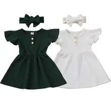 Комплект из 2 предметов, платье для маленьких девочек, однотонное платье трапециевидной формы с оборками и рукавами+ повязка на голову