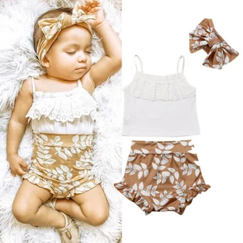 

3Pcs Toddler Baby Girl Summer Clothes Floral Lace Sling Strap Crop Tops Sleeveless Shorts Pants with Bowknot Headband Outfits