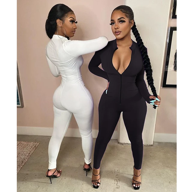 Sexy Solid Color Long Sleeve Deep V Bodycon Rompers Womens Jumpsuit Sport  Suit Fashion Zip Up Long Pants Overalls Fitness Set - Jumpsuits, Playsuits  & Bodysuits - AliExpress