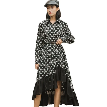 

QING MO Black Women Vintage Dress 2020 Spring Women Dot Printed Dress Female Mesh Patchwork Dress Irregular ZQY3146