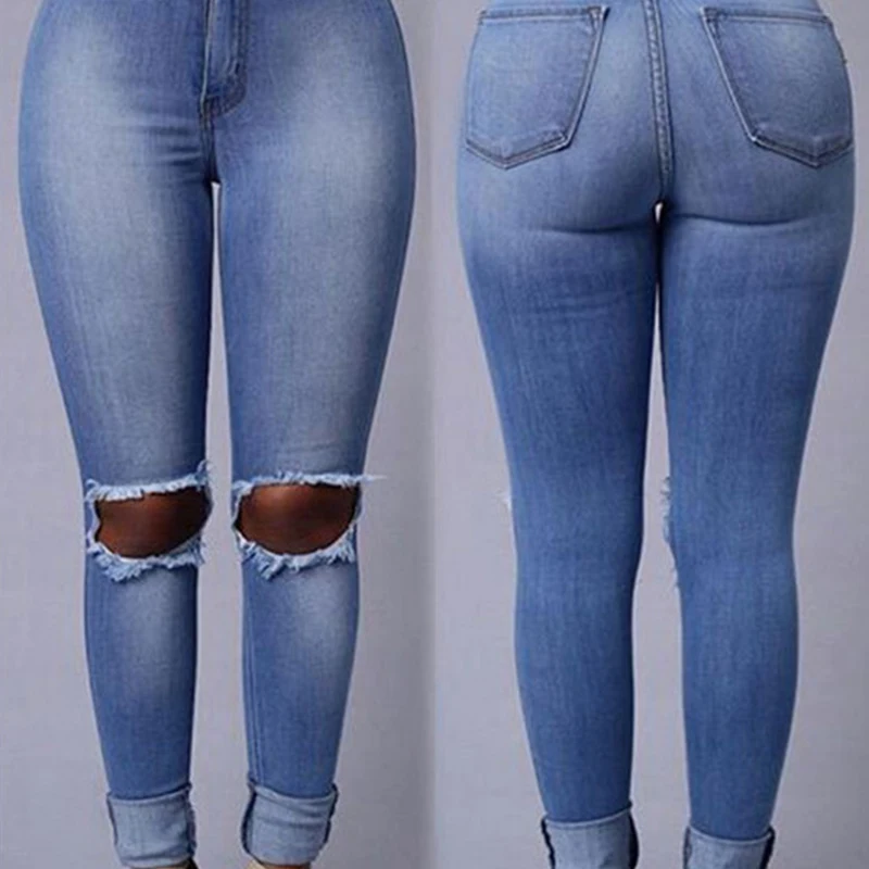 Джинсы с рваными коленями брюки карандаш узкими штанинами сексуальный уникальный стиль модные для работы
