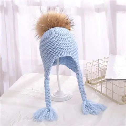 BLUE 3-36 Months Осенне-зимняя теплая шапка для младенца из натурального меха енота вязаный детский чепчик накладки наушников-капель детская шапка для мальчиков и девочек помпоны вязаные шапочки - Цвет: BLUE 3-36 Months