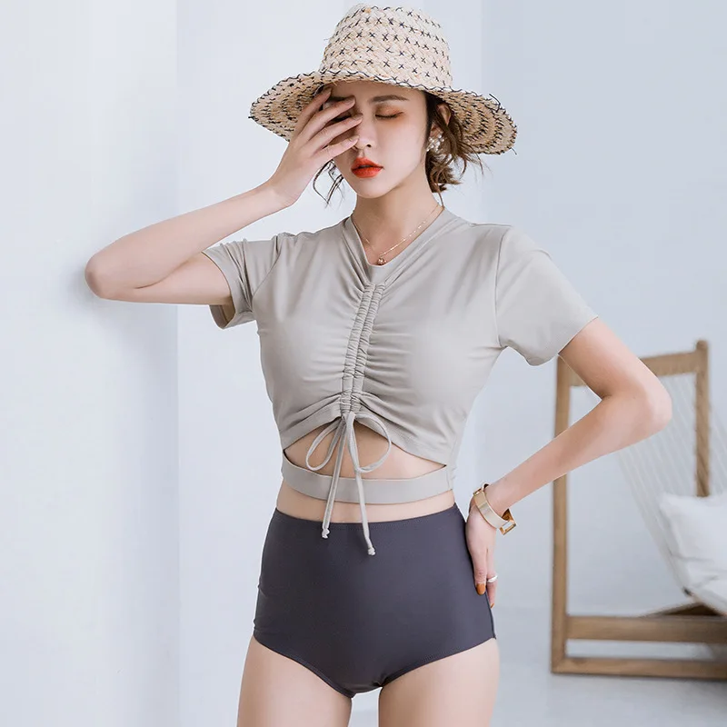 

Swimsuit Female Solid Swiming Suit Women May Brazilian Bikini Girl Kids Swimwear Sports For Drawstring Cover Short Long Sleeve