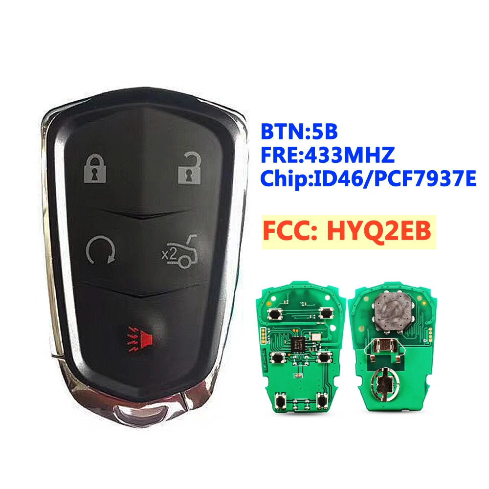 

XNRKEY FCC:HYQ2EB 5 Button Smart Remote Key Fob 433 Mhz for Cadillac