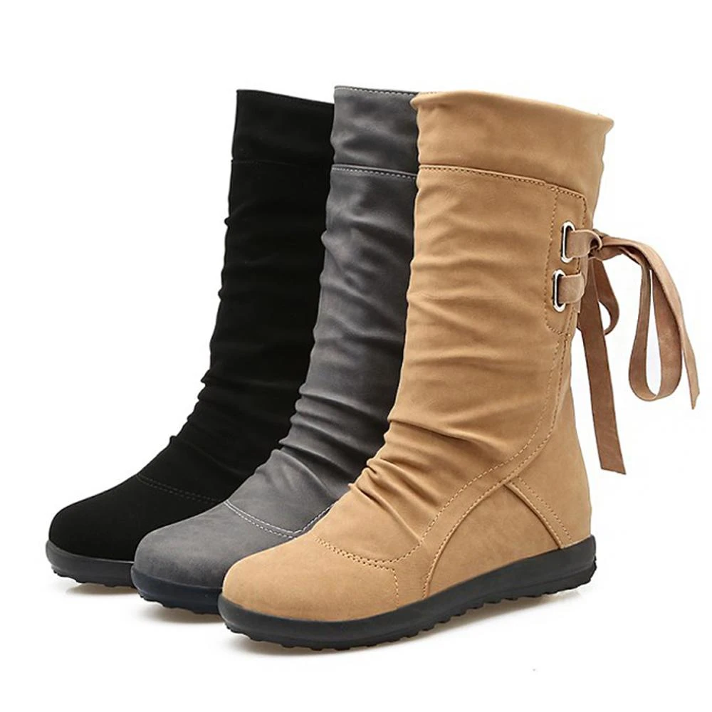 Botas media caña para mujer, zapatos de piel sintética sin cordones en la espalda, informales, plataforma y tacón bajo, color y marrón, 2019|Botas a media pantorrilla| - AliExpress