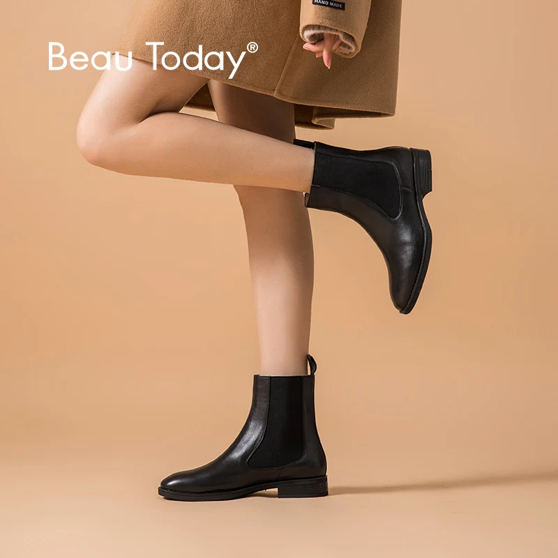 Skup BeauToday chelsea boots kobiety Brand New prawdziwa skóra cielęca okrągły nosek kostki Bootie jesień zima buty Handmade 03608