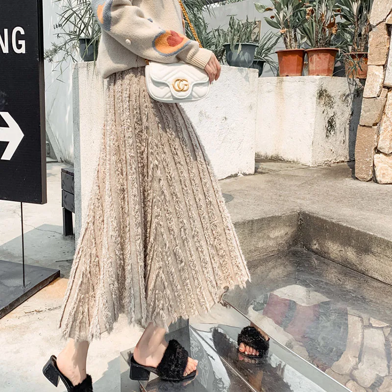 Женская Длинная трикотажная юбка, Корейская новая Асимметричная юбка трапециевидной формы с кисточками, осенне-зимняя эластичная юбка с высокой талией, плотные юбки Falda ML343