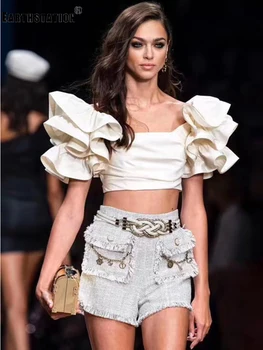 

Free shipping heavy craft frilled lotus leaf sleeves sexy one-neck short shirt ladies summer new personality wild top