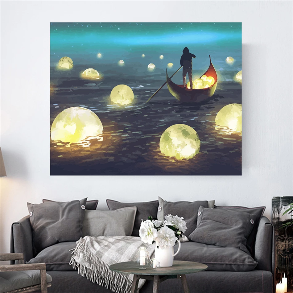 

Fuwatacchi Moon And Boat Wall Art Oil Print Paintings Abstract Picture for Home Decor Living Room No Fram Chemical Fiber Cloth