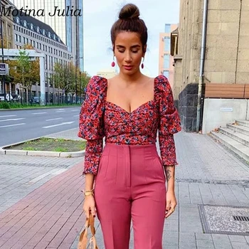 

Motina Julia Sexy print short blouse women Autumn casual cool elegant blouse female Summer beach cute crop top blusas