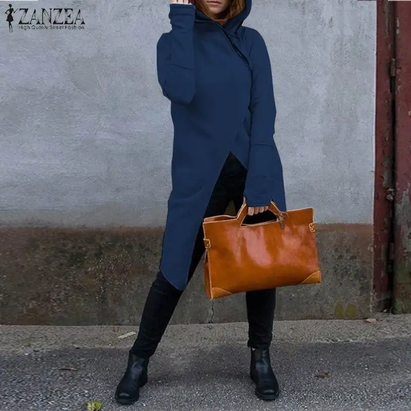 

ZANZEA Sweatshirt Women Casual Solid Pockets Zipper Long Hooded Jackets Asymetrical Hoodies Long Coat Winter Long Sleeve Outwear