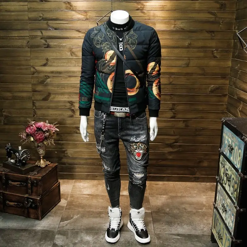 

Men's Jacket Winter Warm Cotton Clothing Slim Trend Short Jacket European and American Retro Pattern Cotton Jacket Men