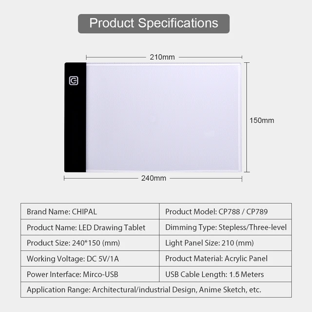 CHIPAL A5 Digital Drawing Tablet LED Light Box Graphic Tablets Pad Tracing Graphics Copy Board USB Painting Table Writing Pads 2