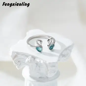 

Fengxiaoling 2019 New Simple Blue Crystal Two Ducks Open Rings For Women Real 925 Sterling Silver Cute/romantic Rings