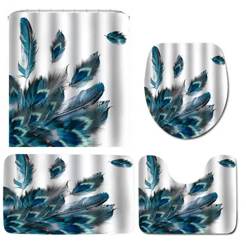 

4 Pcs Peacock Feathers Waterproof Bathroom Shower Curtain Toilet Cover Mat Non-Slip Floor Mat Rug Bathroom Set with 12 Hooks