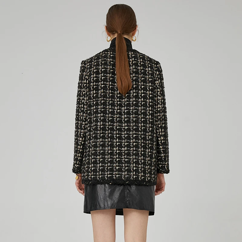 awesome  [EAM] Loose Fit Black Plaid Tweed Temperament Jacket New Lapel Long Sleeve Women Coat Fashion Tide 