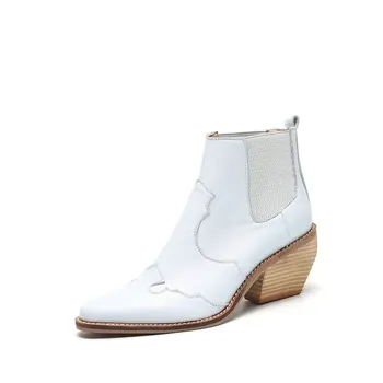

Boots Women Genuine leather Pointed Toe high Heel Ankle Boots Thick Square Heel Slip On Western Boots Cowboy Boots Women
