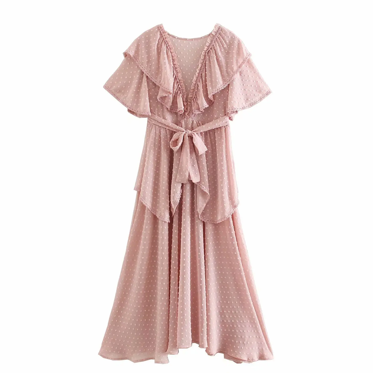 

M1171-Western Style WOMEN'S Dress 2019 Summer New Style Crew Neck Flounced Lace-up Dotted Dress