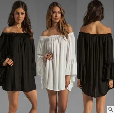 

2018 New Style Europe And America WOMEN'S Dress off-the-Shoulder Loose And Plus-sized Chiffon Long-sleeved Dress