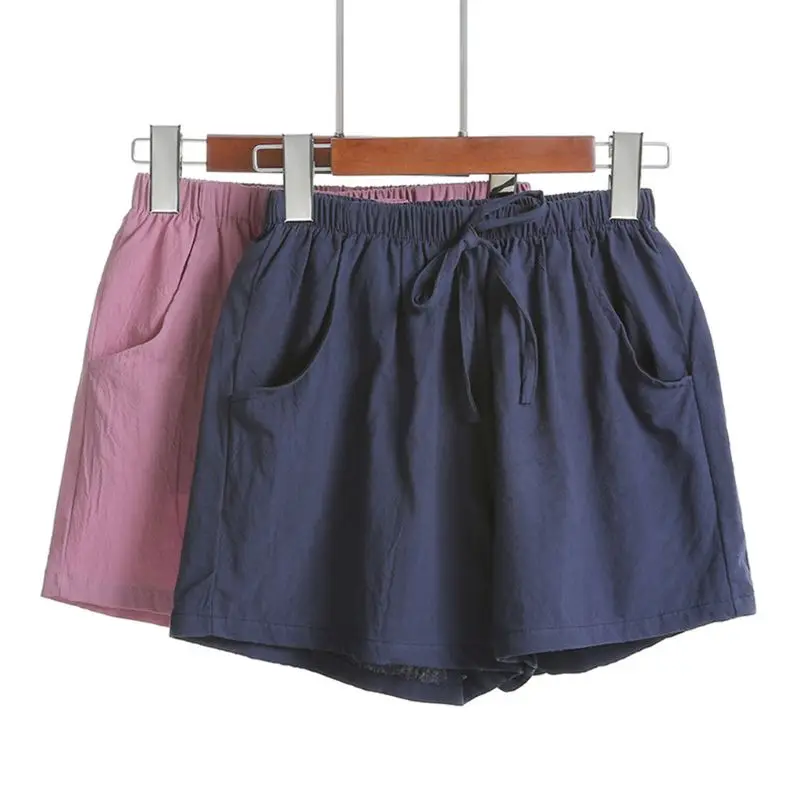 

Women Summer High Waisted Drawstring Shorts Cotton Linen Solid Color Wide Leg Loose Pants with Pockets Casual Streetwear