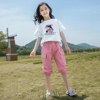 

Girl Clothing Sets Summer Children Kids White T-Shirts Pocket Pants Casual Suit Teen Girls Sportswear Clothes Set 6 8 10 14 Year