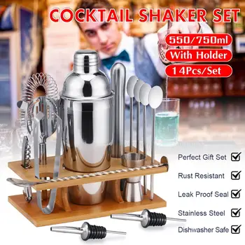 

14Pcs/Set Cocktail Shaker Mixer Stainless Steel Bartender Bamboo Bartending Wine Rack Stand 550/750ML For Home Bar Party