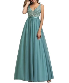 

Women's long A line floral lace applique formal Evening Dress anniversary formal prom dress V neck sleeveless ceremony dress
