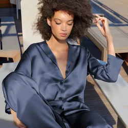 Satin Pajamas Set Women 2 Pieces Spring Sleepwear Smoothing Breathable Ladies Sleepwear 2021 Casual Loose Homewear