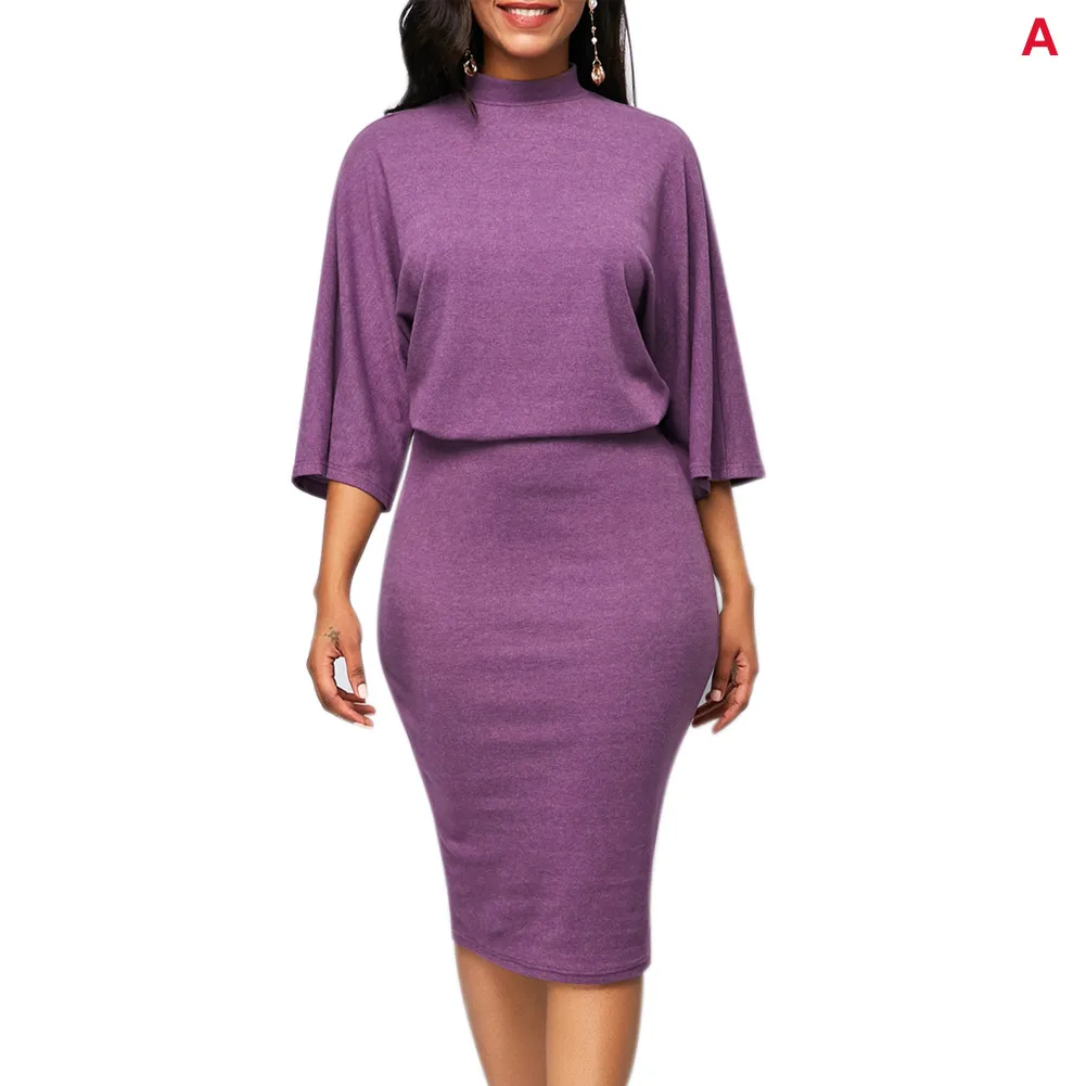 purple A Для женщин Рабочая одежда со средним рукавом Crewneck коктейльное платье карандаш NIN668 - Цвет: purple A