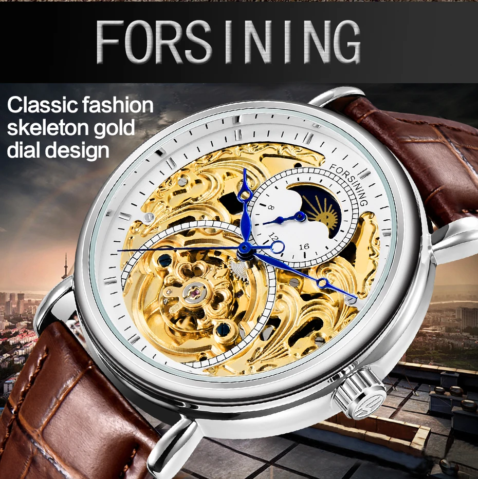 FORSINING Брендовые мужские механические часы с автоматическим ремешком Moonphase часы для мужчин коричневые золотые часы подарки