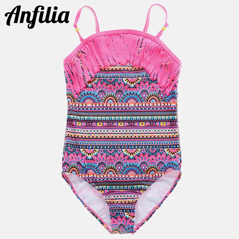 PINK Anfilia/Слитные купальники в этническом стиле; винтажный купальник с принтом; детское бикини с кисточками; пляжная одежда; Детские слитные костюмы - Цвет: PINK