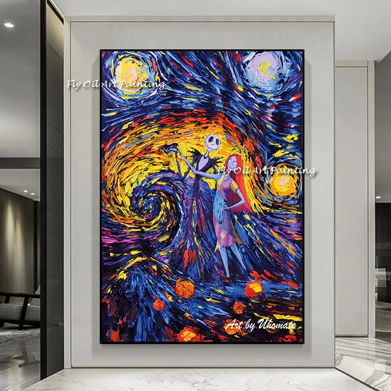 

Uhomate Jack Sally Jack and Sally Oil Painting Halloween Gift Picture Van Gogh Handmade Color Art On Canvas Draw Acrylic Paint