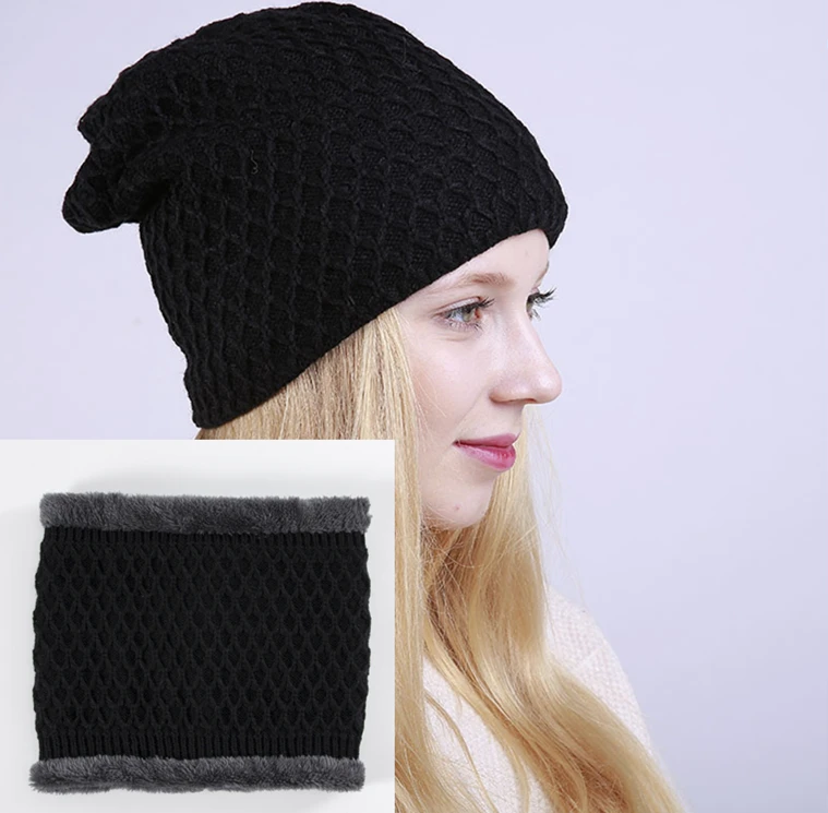 black one set OMEA зимняя женская шапка и Мужская бархатная шапка-ушанка с геометрическим рисунком, зимний снуд и шапка, один комплект шапочки для женщин, королевский синий красный - Цвет: black one set