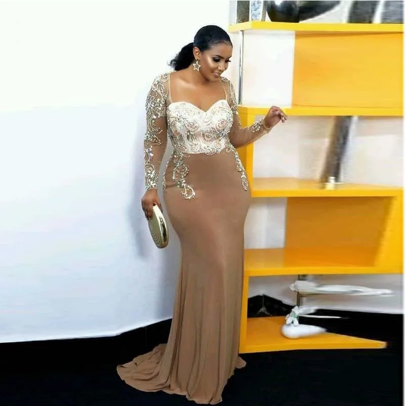 Размера плюс Платья для вечеринок Русалка иллюзии вечерние платья robe de soiree Шампанское Аппликация торжественное платье одежда с длинным рукавом