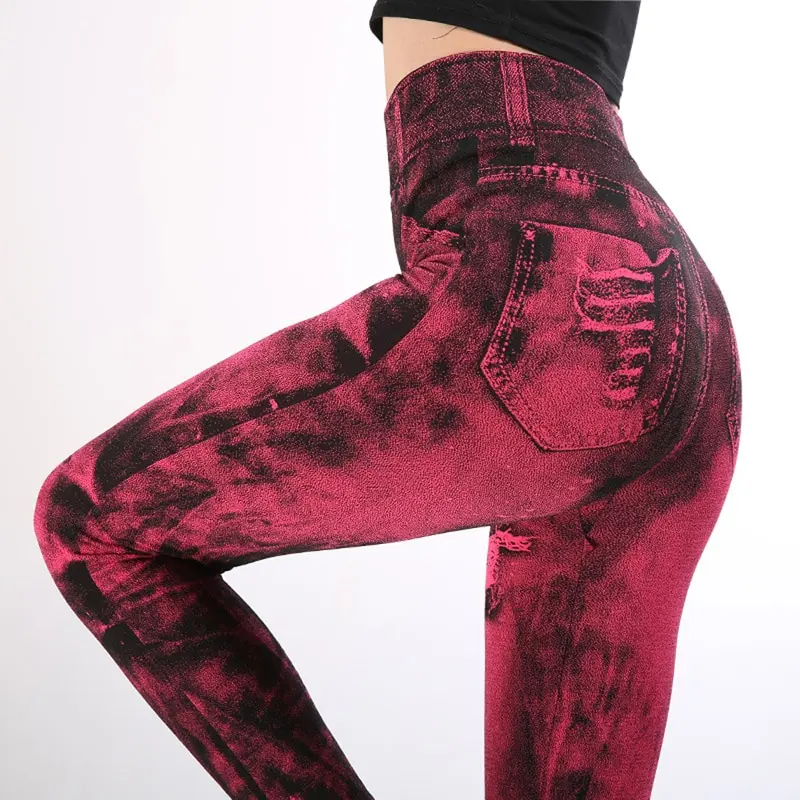 Sexy astic Imitation  Jeans Leggings High Waist Pants Fitness Slim Legg Mujer 2021 Sport Push Up Leggings For Women Hot peach lift leggings