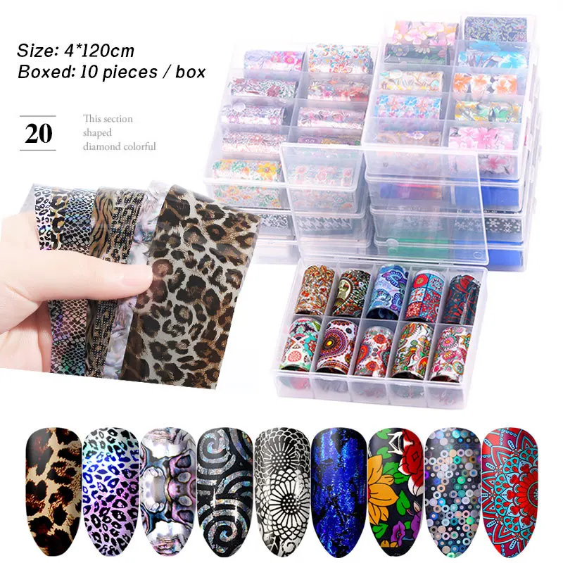 

10Sheets/Box Holographic Nail Foil Set 4*120cm Mix Designs Transfer Sticker Laser Glitter Nail Decal Wraps Nail Art Decorations