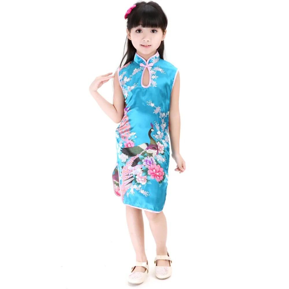 2Y-8Y Baby Girl Dress Peacock Sleeveless Slim Traditional Dress Cheongsam Girls Clothes Chinese Style Qipao baby chinese dress
