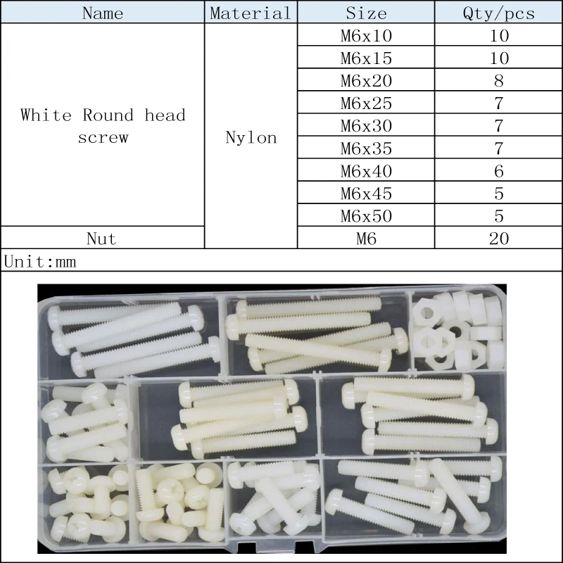 Белый нейлон Phillips сковорода машина винт Метрическая резьба крест встраиваемые Пластиковые Круглый набор ассортимента болтов M6