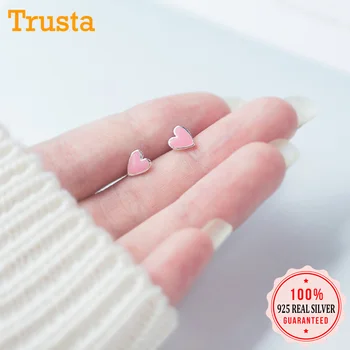 

Trusta 2019 100% 925 Solid Real Sterling Silver Fashion Tiny Pink Glaze Heart Stud Earrings For Women Girls Fine Jewelry DS03