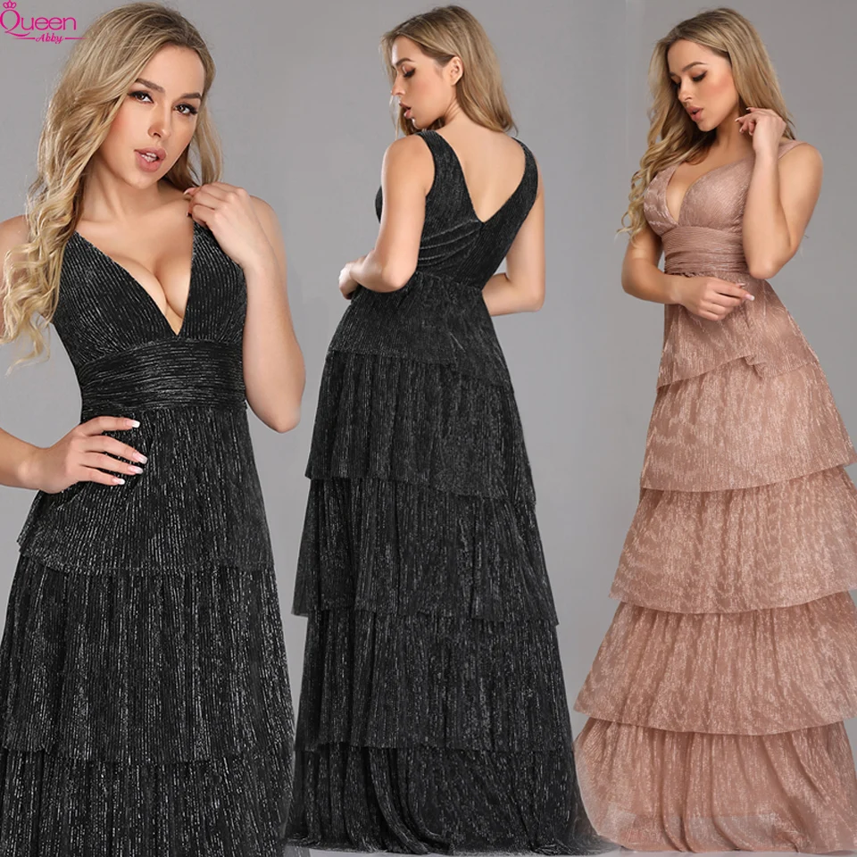

Evening Dress Long Elegant Tiered Pink A-line V-neck with Straps Floor-length Sleeveless with Belt Evening Party Gown Queen Abby