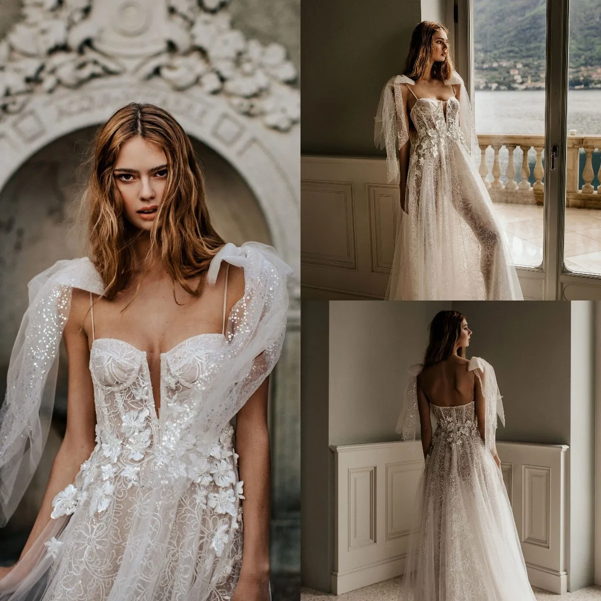 

Bohemian 2022 A Line Wedding Dresses Lace Appliqued Spaghetti Strap Neck Bridal Gowns Sequined Boho vestidos de novia